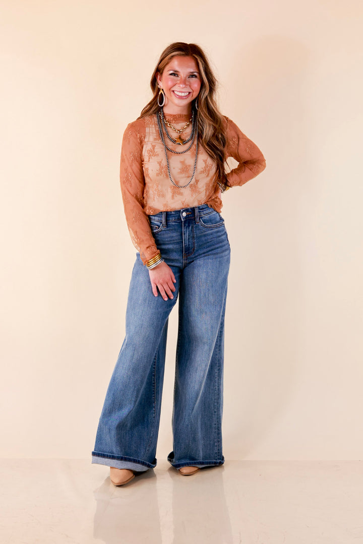 Delicate Charm Long Sleeve Sheer Lace Top with Mock Neck in Camel Brown