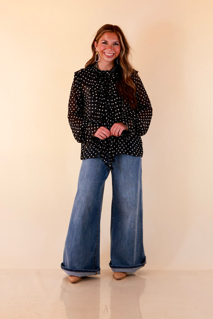 Finer Things Long Sleeve Sheer Ruffle Polka Dot Print Blouse with Balloon Sleeves in Black with White Dots