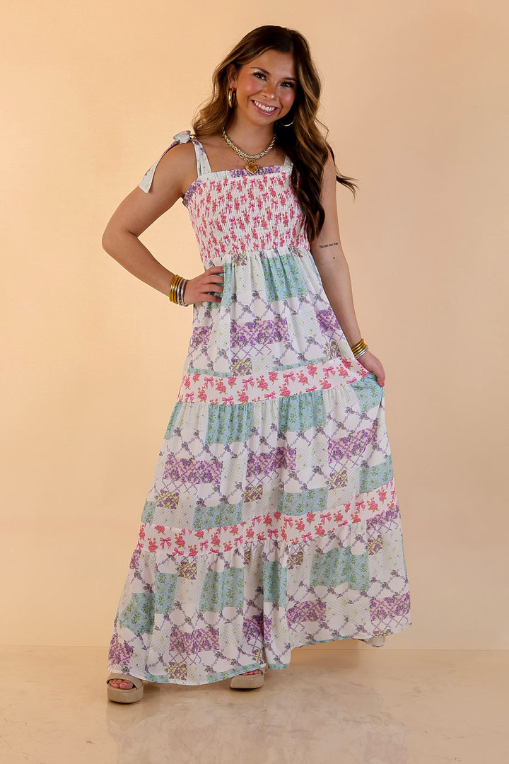 Simply Southern | Spring Symphony Patchwork Print Smocked Maxi Dress with Shoulder Ties and Tiered Skirt in Multi Floral
