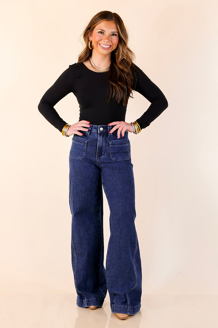Judy Blue | Front and Center Front Patch Pocket Retro Wide Leg Trouser Jean in Dark Wash
