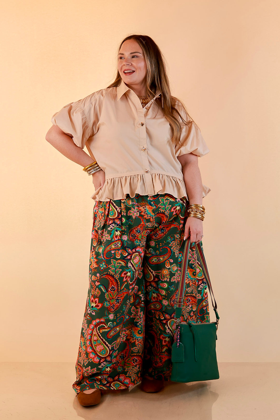 Style in Session Solid Button Down Peplum Bubble Sleeve Top in Ivory