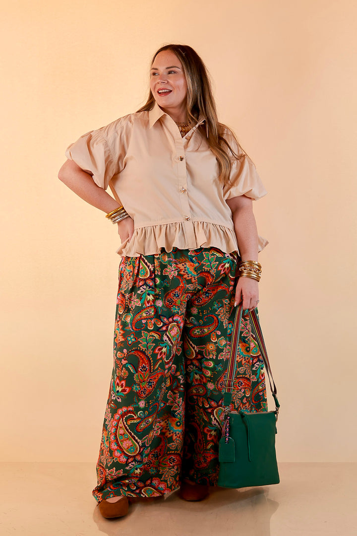 Style in Session Solid Button Down Peplum Bubble Sleeve Top in Ivory