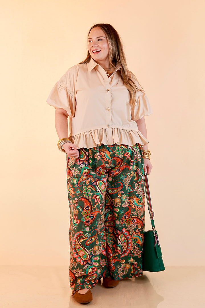 Free to Be Paisley Print Wide Leg Elastic Waist Pants in Olive Green