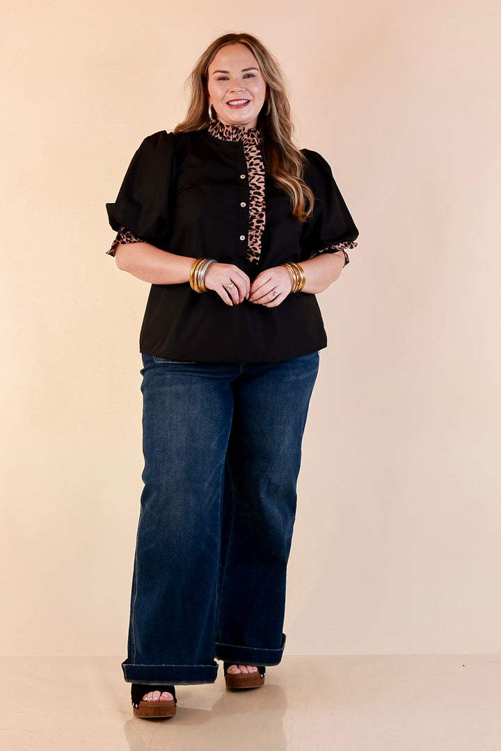 Spotted in Style Puff Sleeve Leopard Contrast Ruffle Trim Top in Black