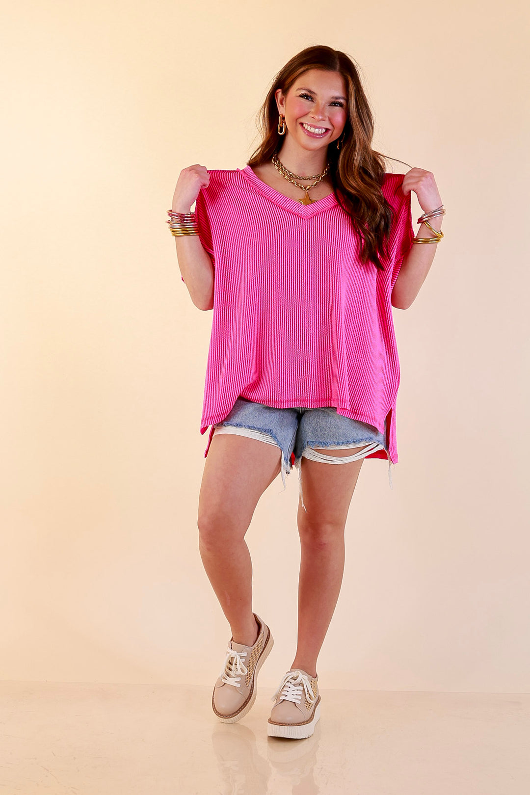 Daily Perfection V Neck Short Sleeve Ribbed Top in Hot Pink