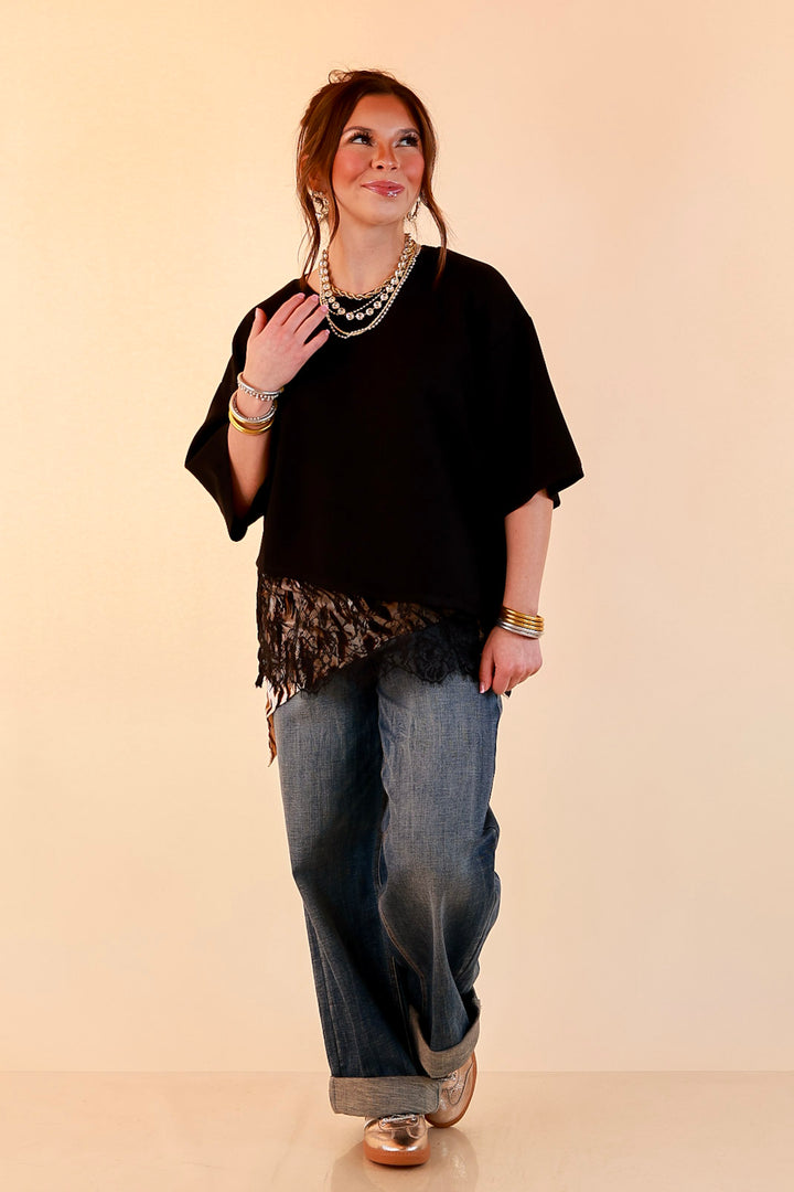 Laced with Charm Oversized Asymmetrical Lace Trim Boxy Top in Black