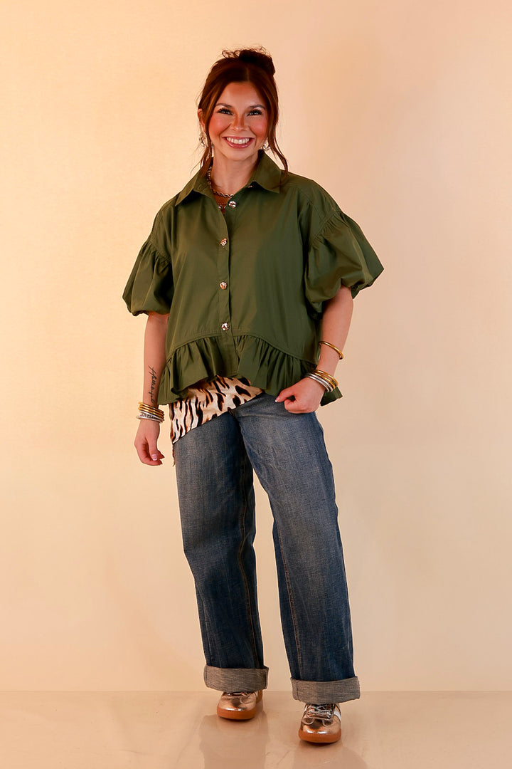 Style in Session Solid Button Down Peplum Bubble Sleeve Top in Olive Green