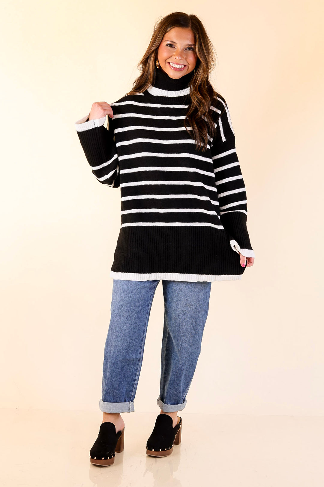 Mud Pie | Dunn Turtleneck Sweater with White Stripes in Black