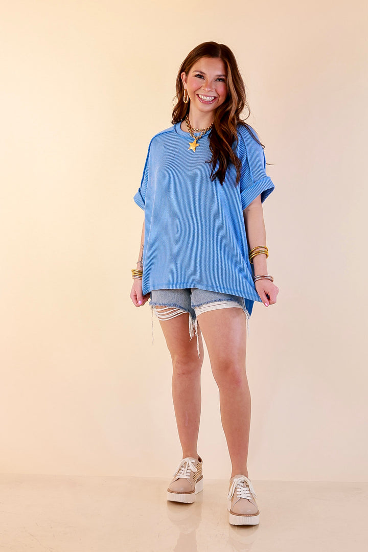 Daily Perfection Scoop Neck Short Sleeve Ribbed Top in Sky Blue