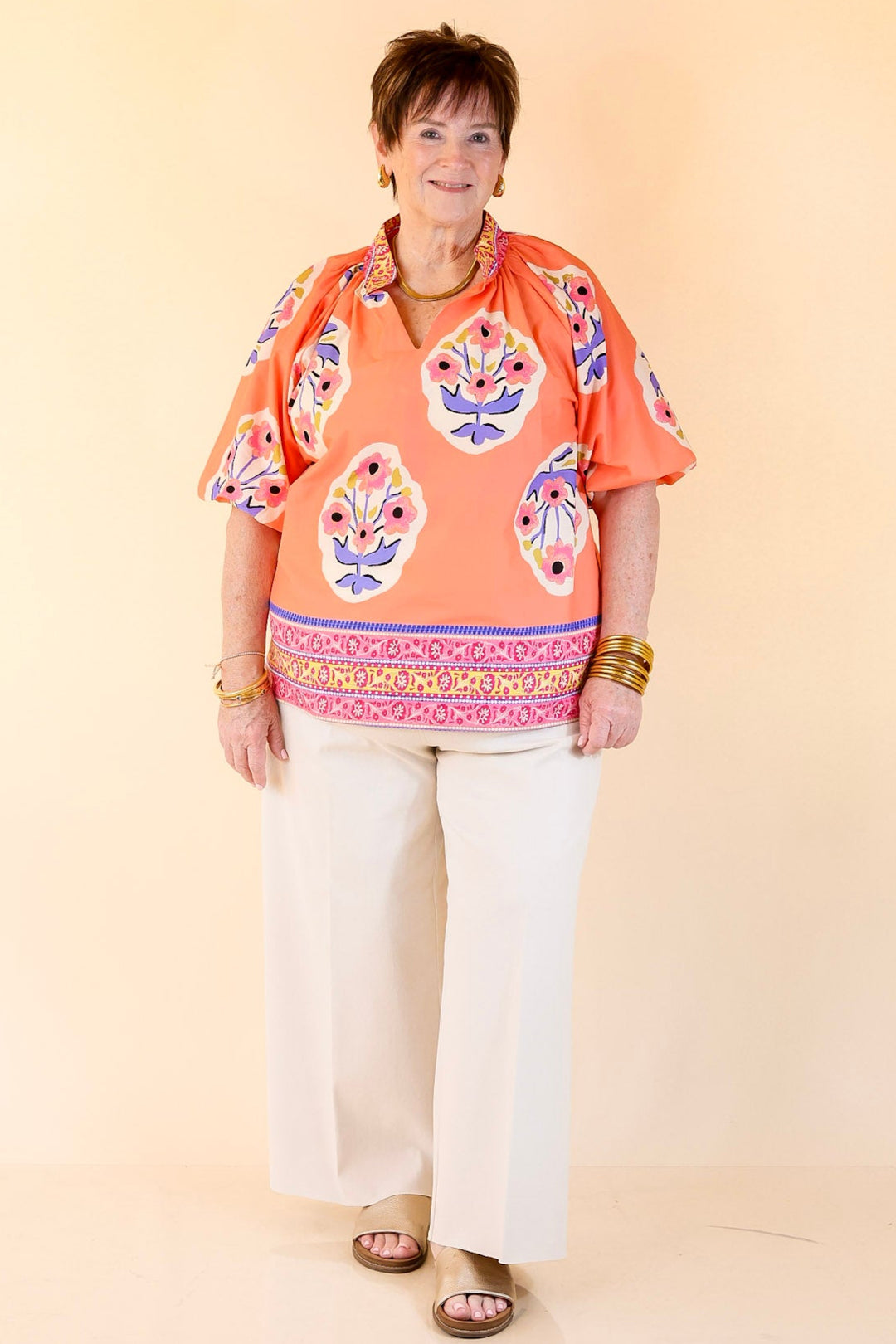 Twirling Tulips Floral Print A-line Top in Coral And Purple