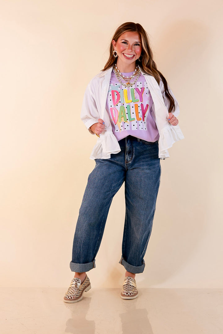 Here for the Fun "Dilly Dally" Stripe, Star and Polka Dot Print Short Sleeve Graphic Tee in Lavender Purple