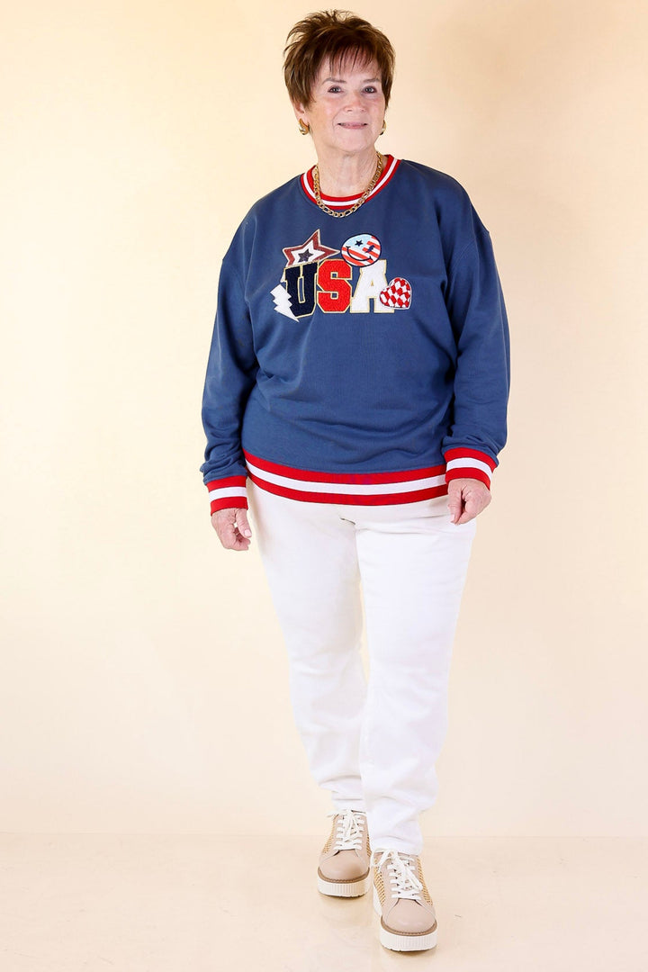 Simply Southern | Shining in the USA Crew Neck Patch Graphic Sweatshirt in Navy Blue