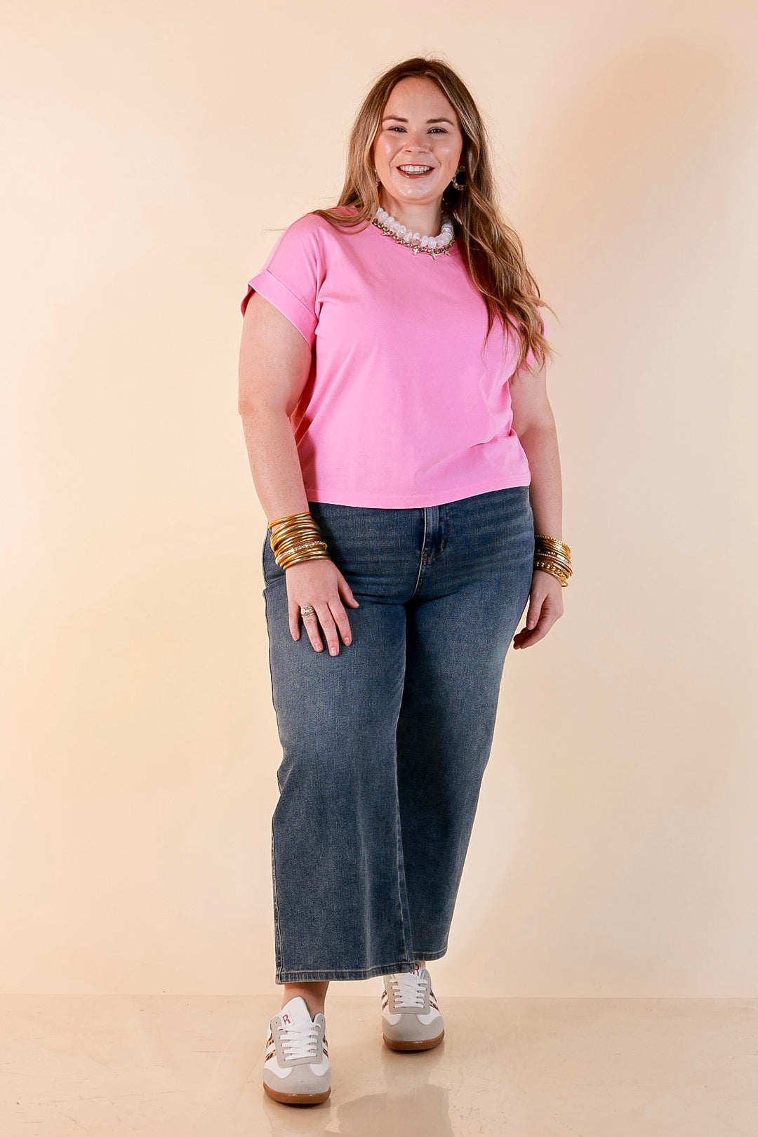 Easy Chic Mineral Washed Short Sleeve Cropped Tee in Candy Pink
