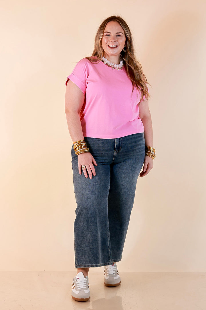 Easy Chic Mineral Washed Short Sleeve Cropped Tee in Candy Pink