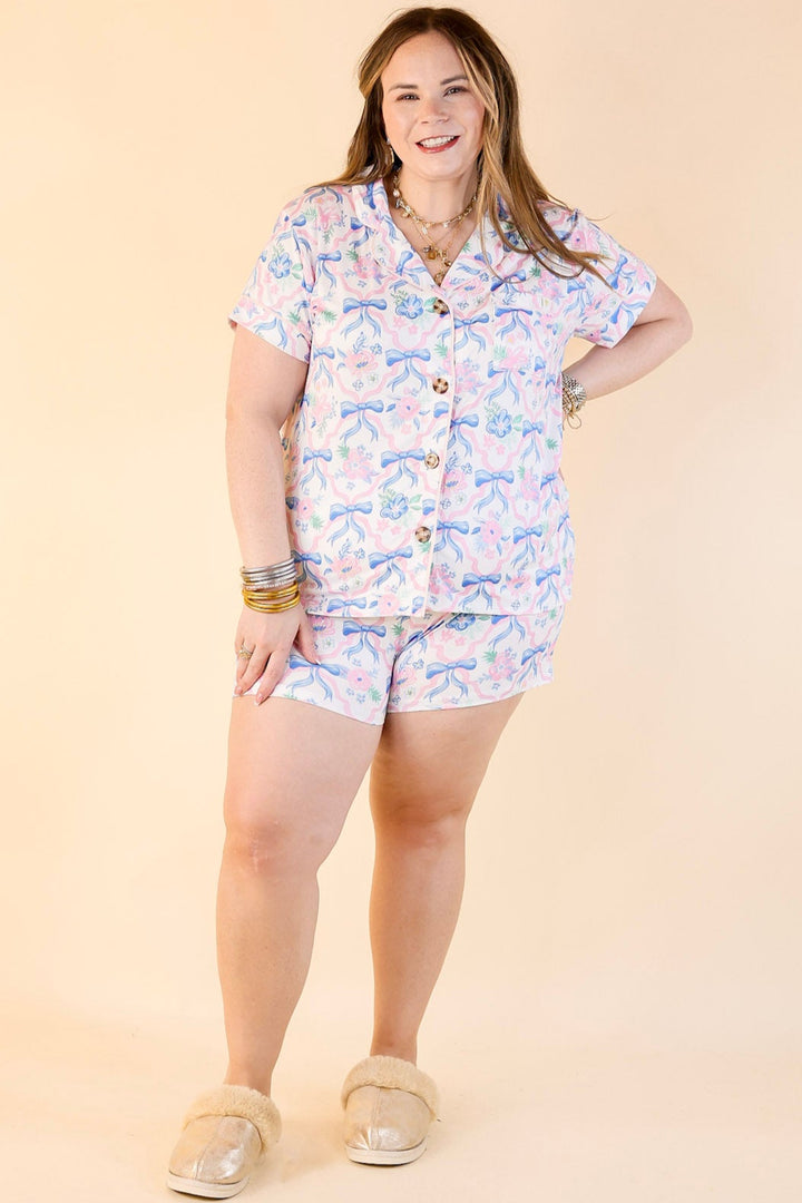 Simply Southern | Snooze in Style Ribbon Print Button Up Pajama Top in Off White