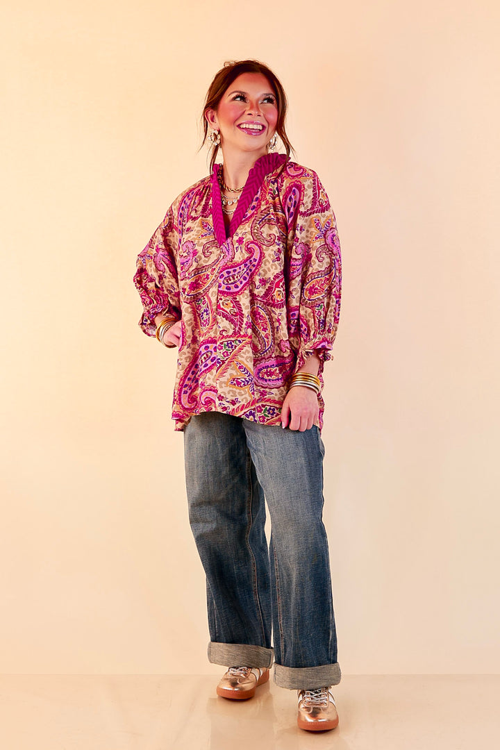 Caught My Eye Ruffle Contrast Stripe Detail Neck Balloon Sleeve Paisley Print Blouse in Fuchsia Pink Multi