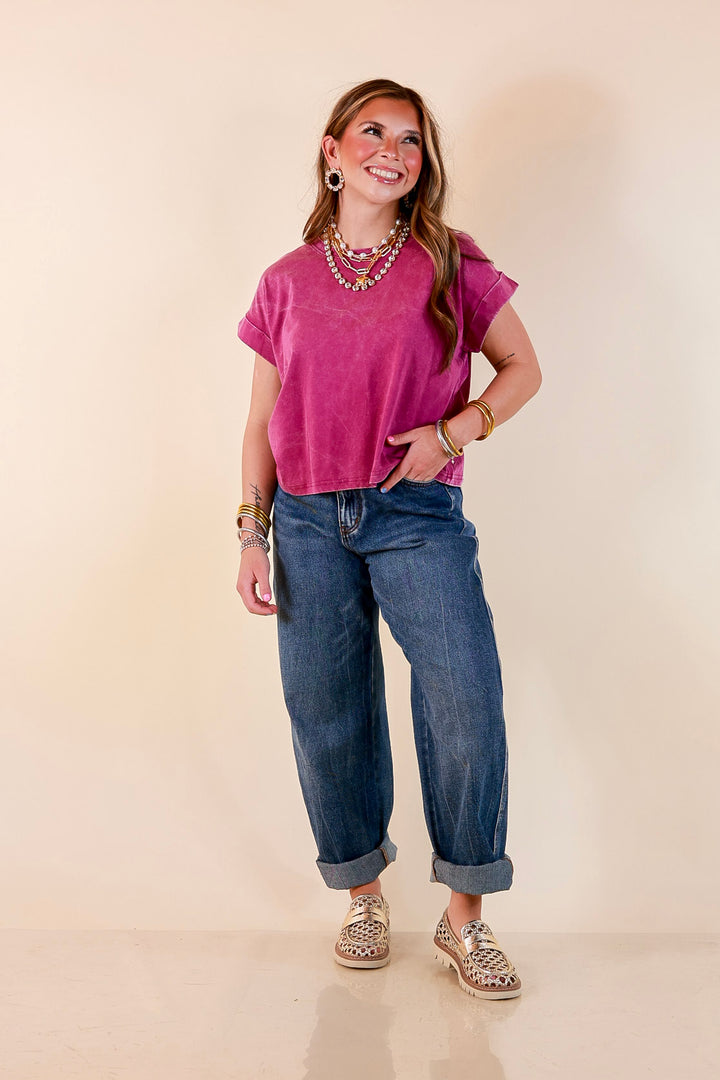 Easy Chic Mineral Washed Short Sleeve Cropped Tee in Plum Purple