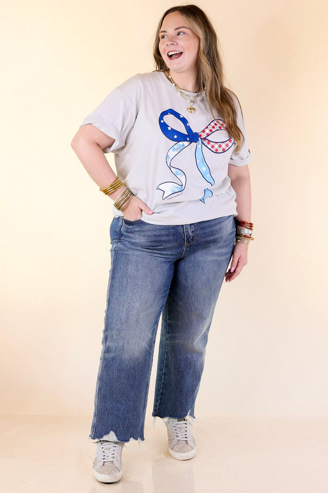 Simply Southern | American Cutie American Flag Bow T-Shirt in Cream