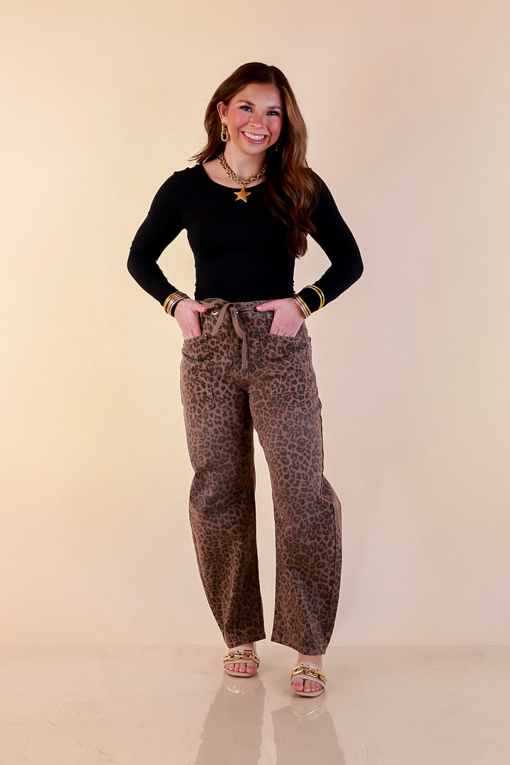 Risen | Easy Statement Leopard Print Drawstring Denim Barrel Jeans in Brown