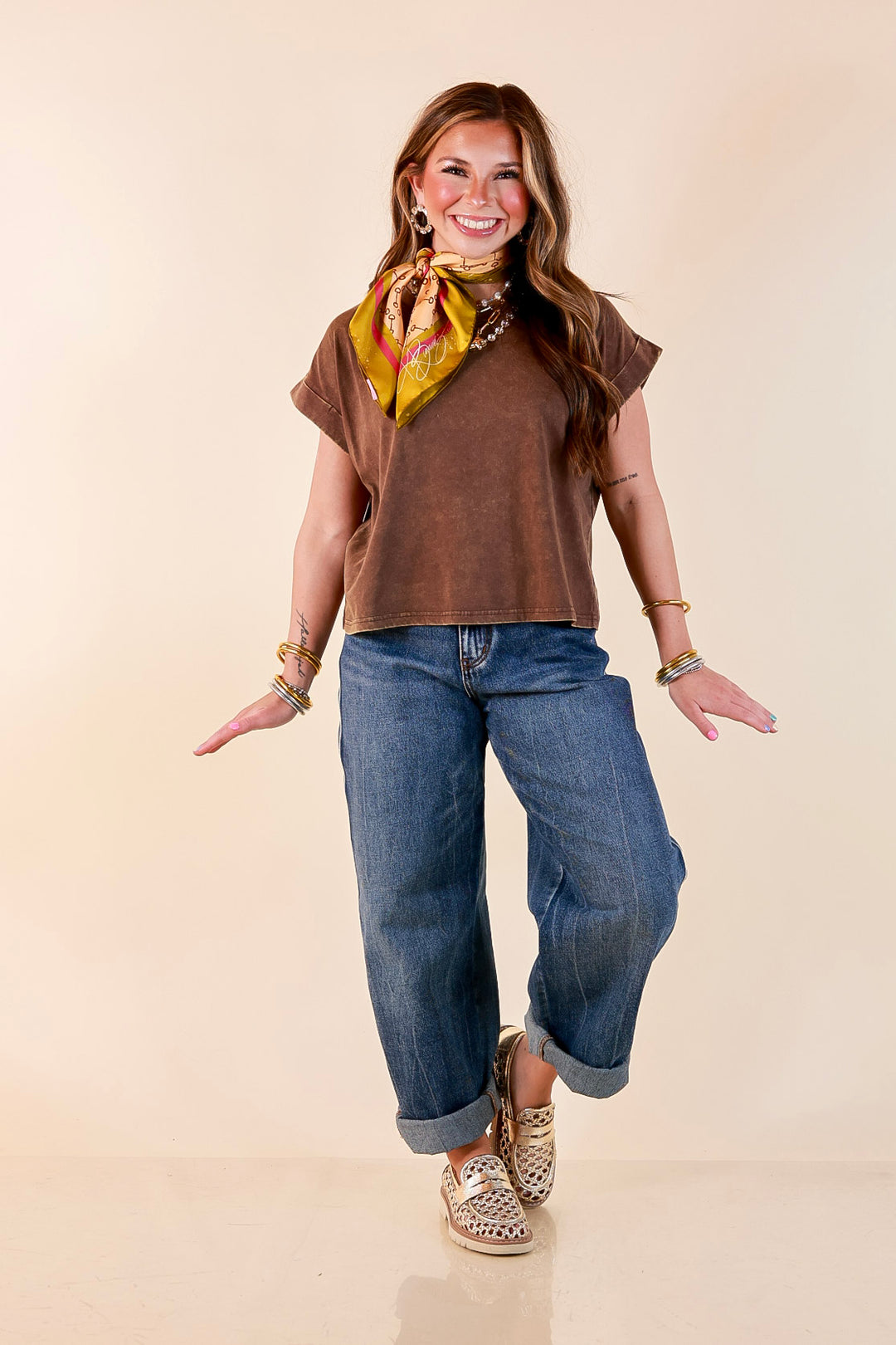 Easy Chic Mineral Washed Short Sleeve Cropped Tee in Chocolate Brown
