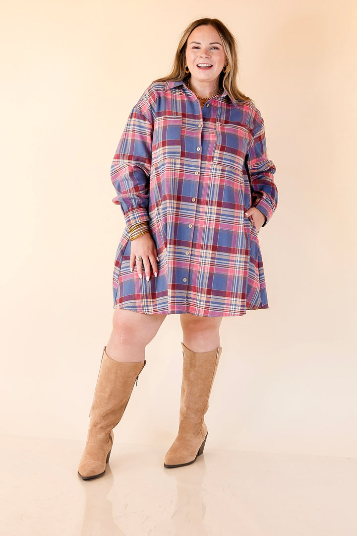 Vibrant Lifestyle Plaid Button Up Dress in Dusty Blue and Pink