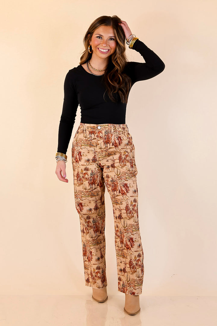 Story of the West Straight Leg Raw Hem Western Print Pants in Taupe Brown