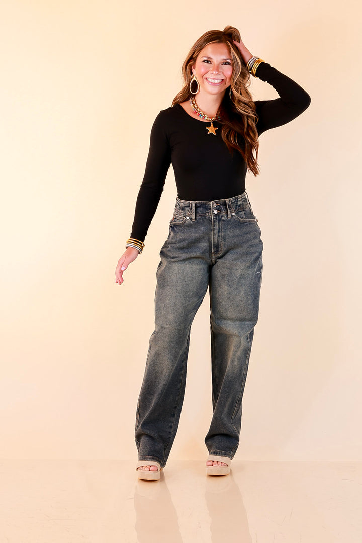 Judy Blue | Never Miss Marlow Arc Relaxed Wide Leg Barrel Jeans with Hollywood Waistband and Double Buttons in Vintage Dark Wash