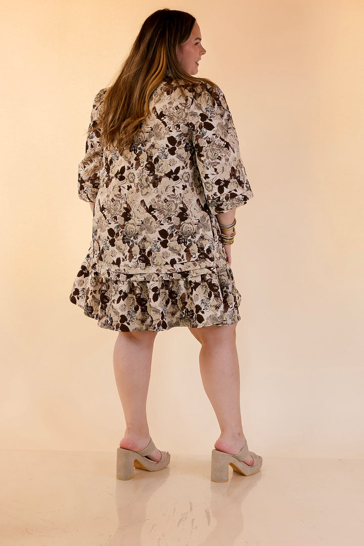 Rosewood Romance Floral Print Tapestry Tiered Dress with Short Balloon Sleeves in Brown