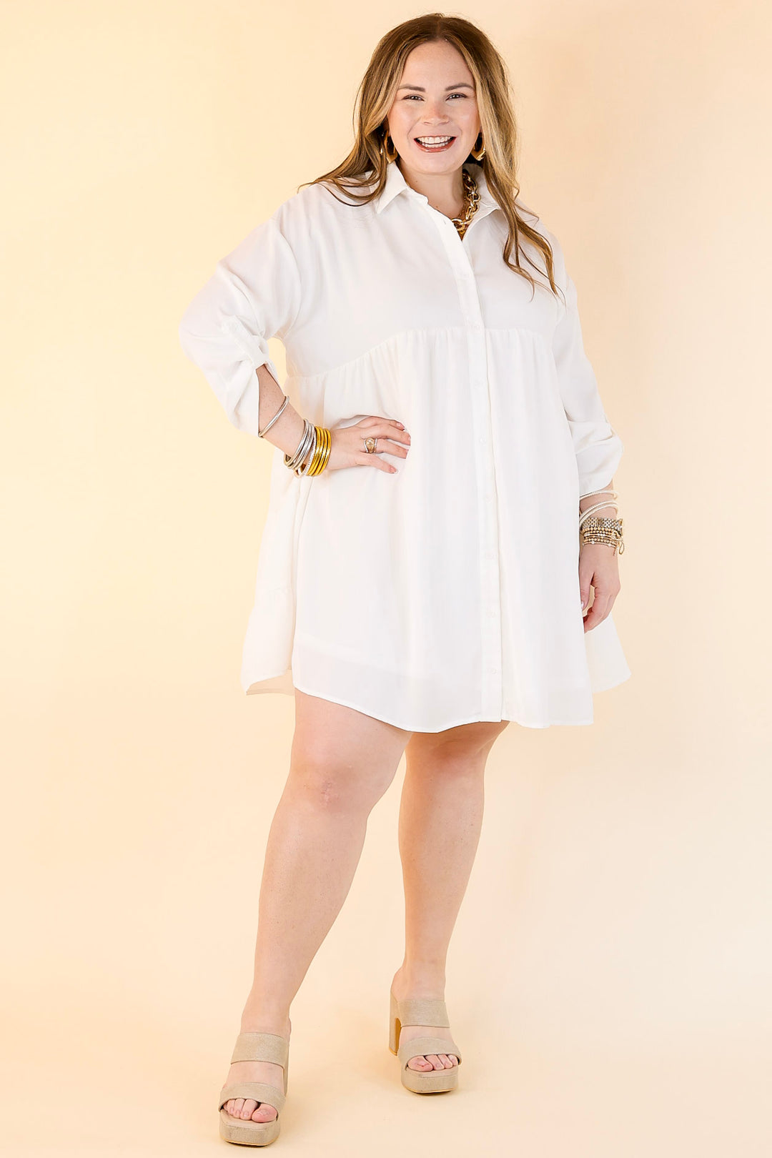 Risky Business Button Up Babydoll Dress in White