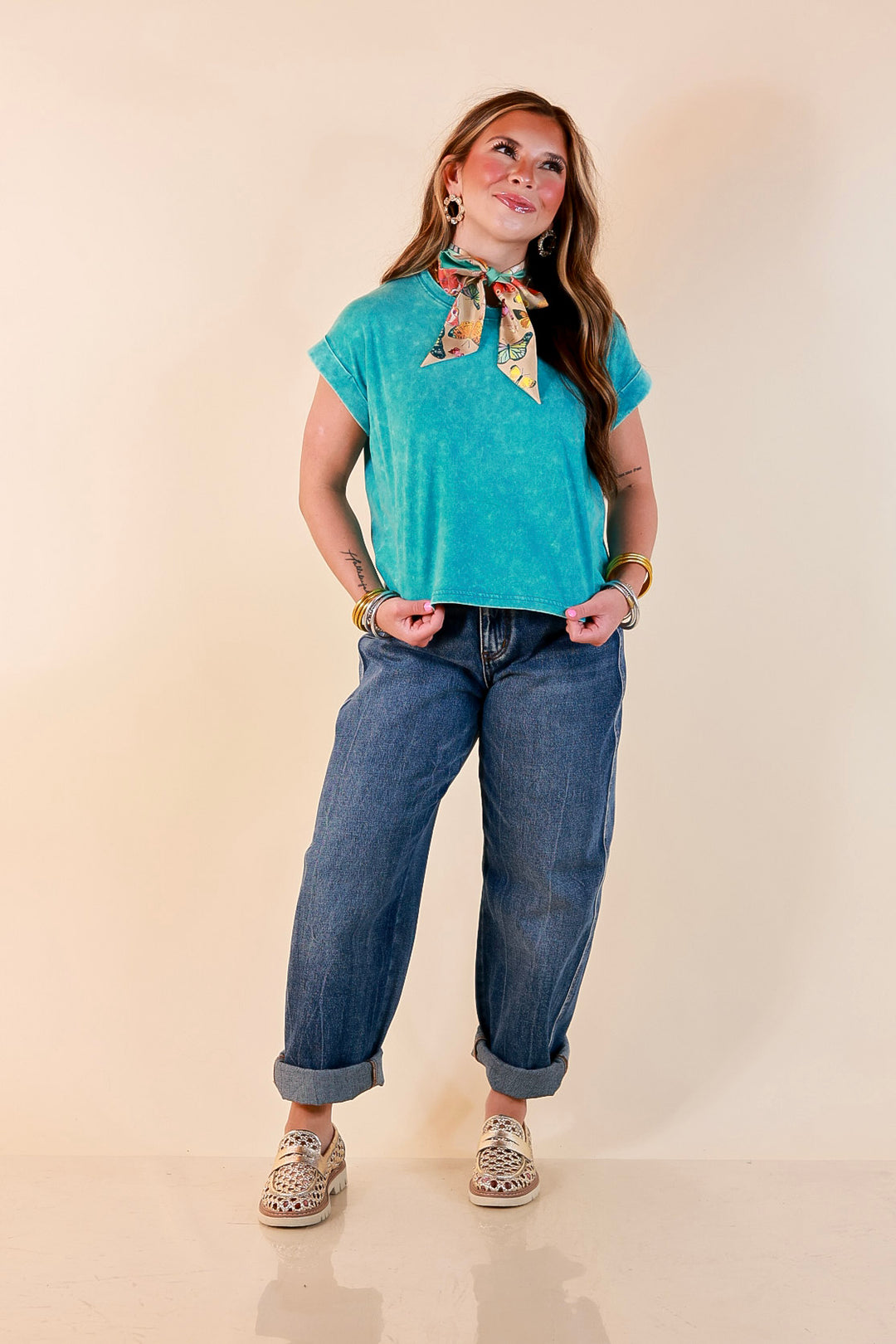 Easy Chic Mineral Washed Short Sleeve Cropped Tee in Teal Blue