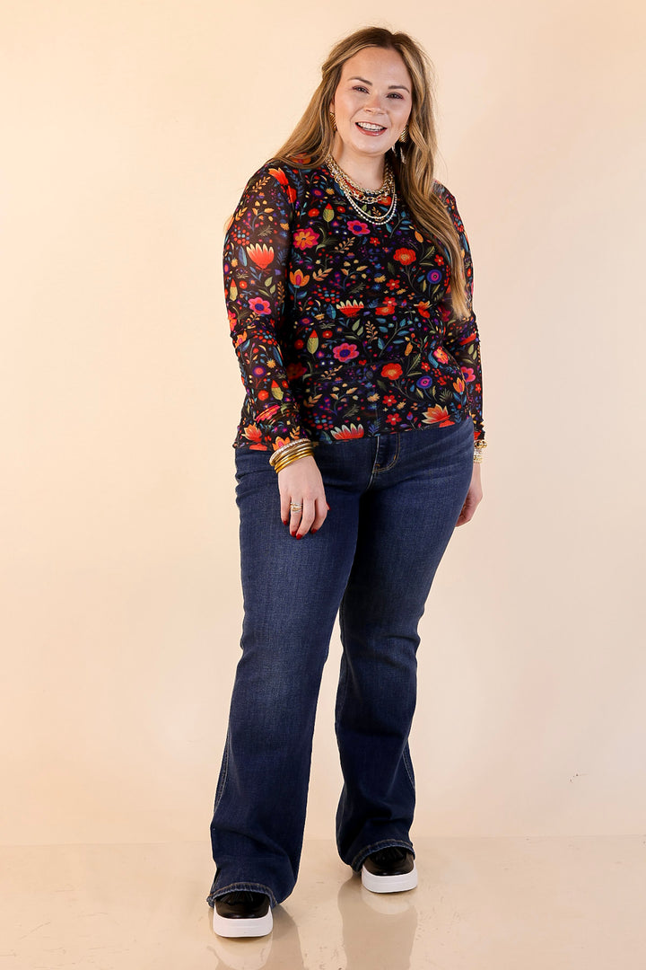The Perfect Layer Colorful Floral Fiesta Print Mesh Long Sleeve Top in Black