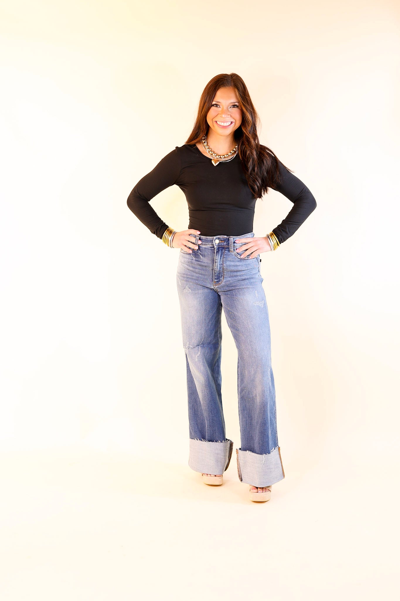 Judy Blue | Ready for Anything High Waisted Retro Wide Leg Jean with Cuff in Medium Wash