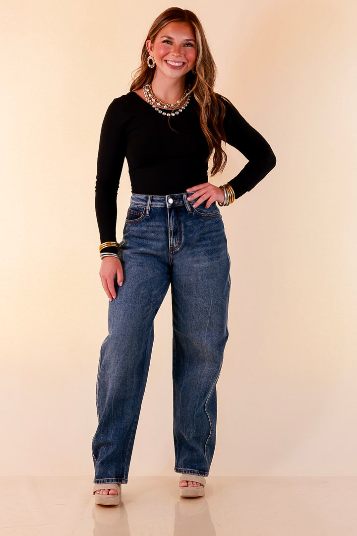 Judy Blue | Everyday Favorite Rigid Magic Marlow Arc Relaxed Wide Leg Barrel Jeans in Dark Weathered Indigo Wash