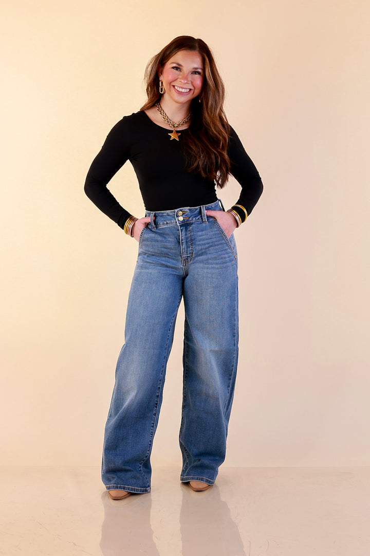Judy Blue | Go With Everything Double Button Fly Wide Leg Column Trouser Jean in Medium Wash