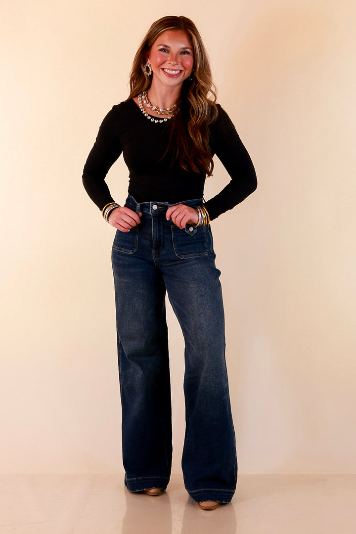 Judy Blue | Classic Companion Luxe Retro Wide Leg Jeans with Front Patch Pockets in Dark Indigo Wash