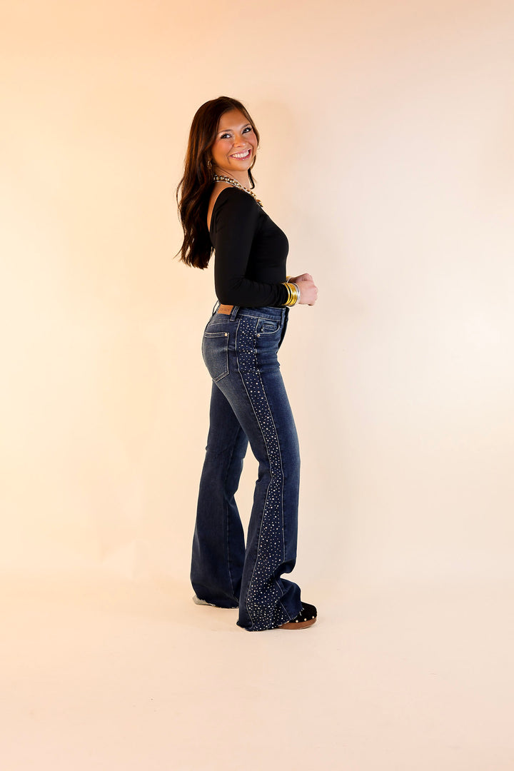Judy Blue | Dazzling Denim Flare Jean with Rhinestone Side Panel Detail in Dark Wash