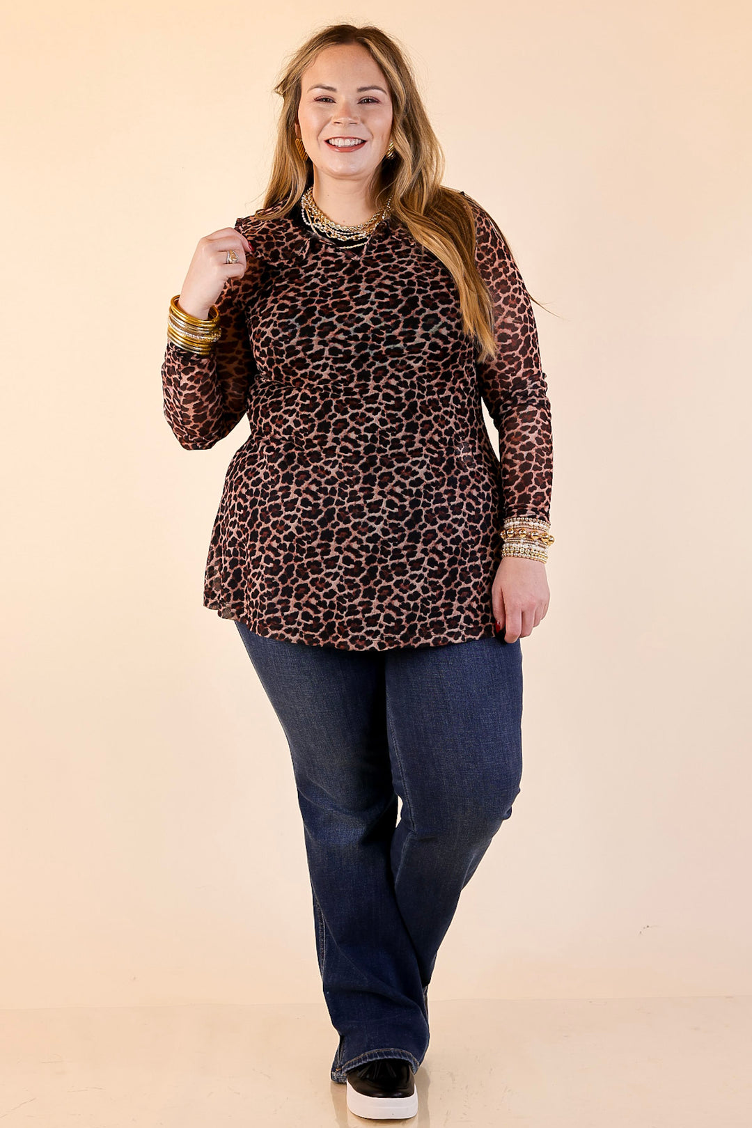Pretty and Poised Mesh Top with Ruffle Peter Pan Collar in Leopard Print