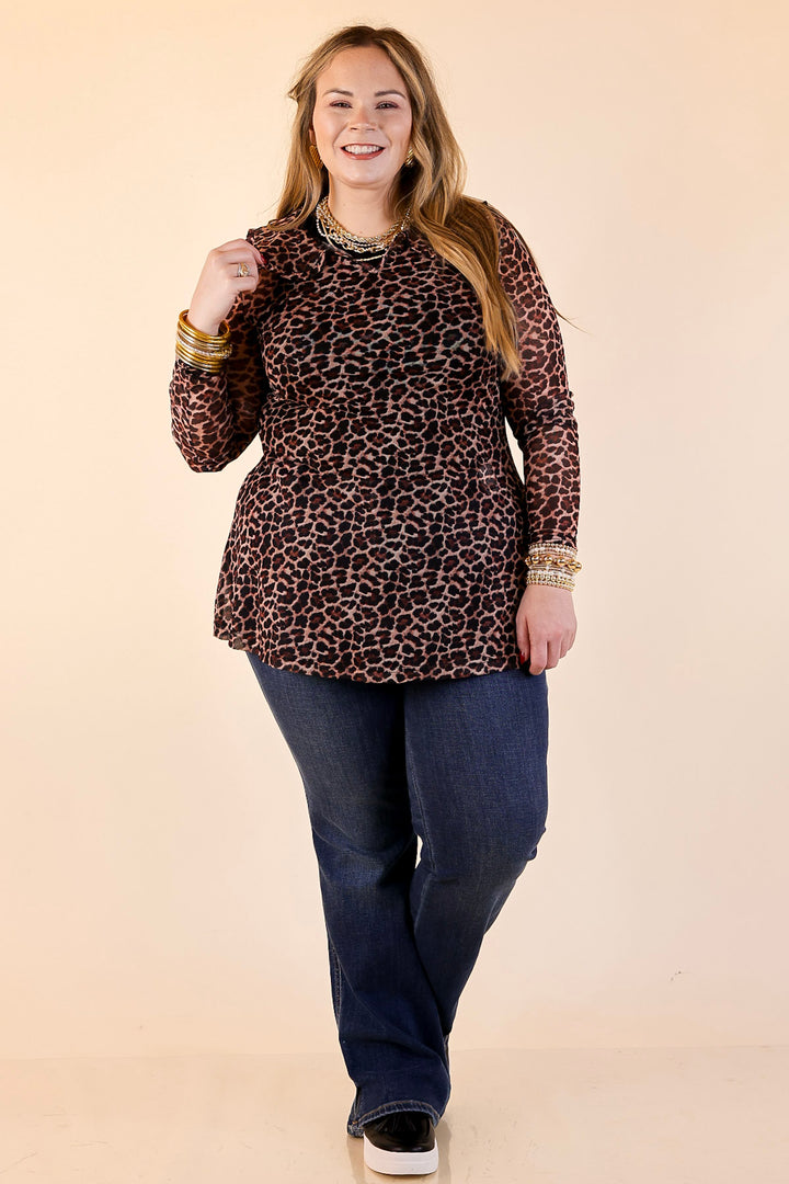 Pretty and Poised Mesh Top with Ruffle Peter Pan Collar in Leopard Print