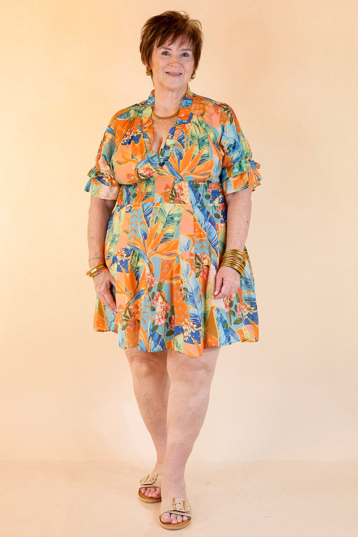 Sweet as Sundown Floral Print Dress With Smocked Waist in Orange Mix