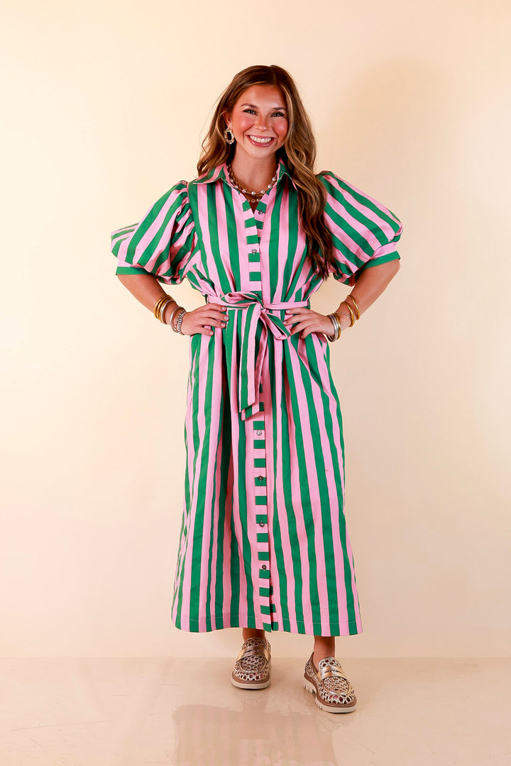 Palm Springs Pretty Puff Sleeve Button Front Belted Midi Dress with Stripe Print in Pink and Kelly Green