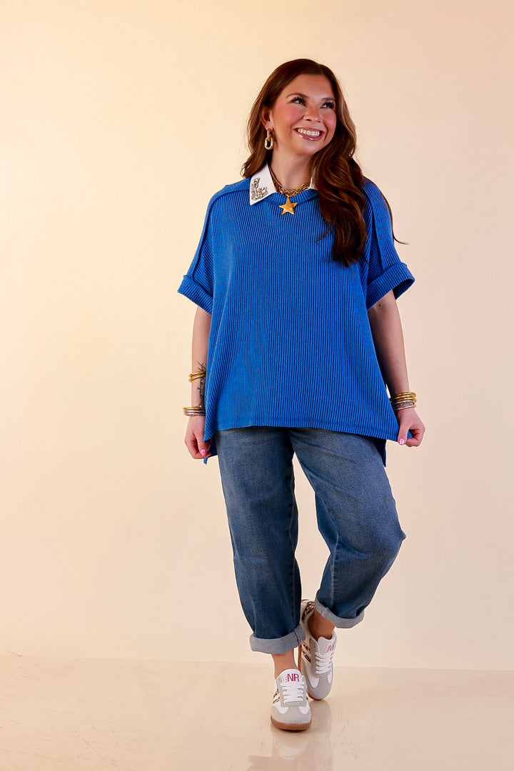 Daily Perfection Scoop Neck Short Sleeve Ribbed Top in Ocean Blue