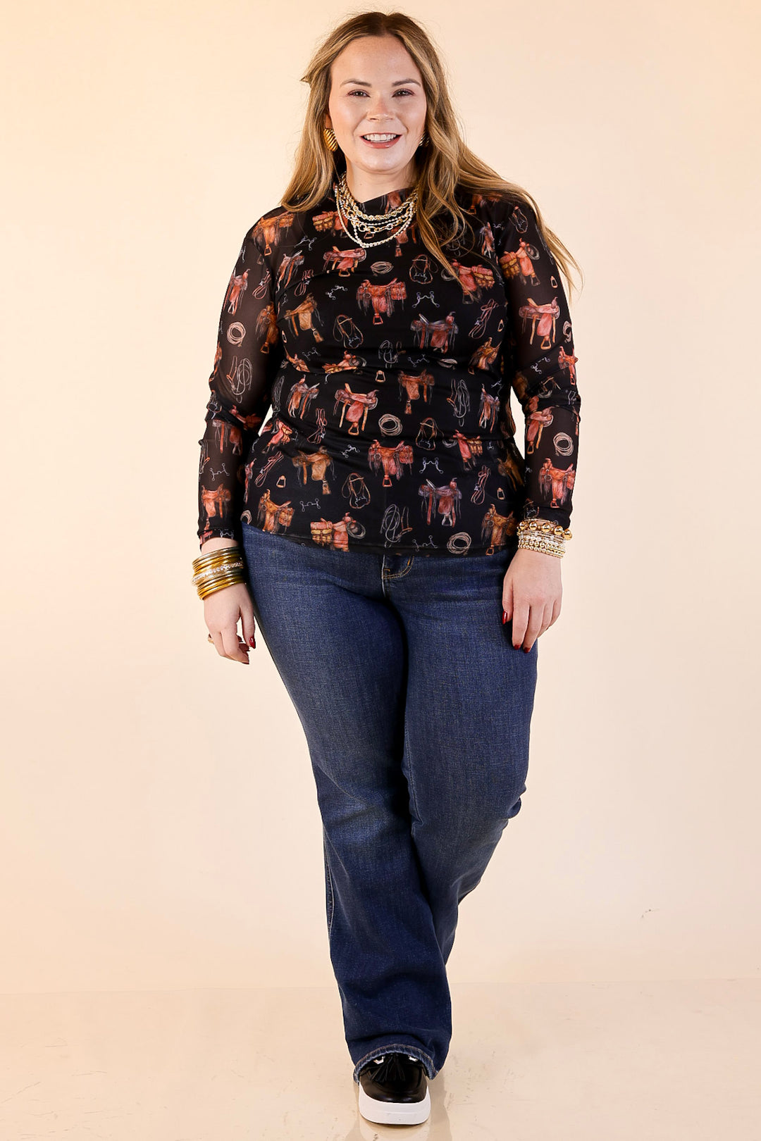 Sheer Confidence Western Saddle and Bits Icons Mesh Long Sleeve Top in Black