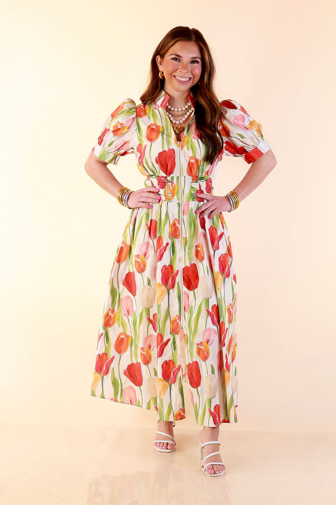 Modern Charm Zip Front Midi Tulip Print Dress with Smocked Waist and Short Sleeves in Cream