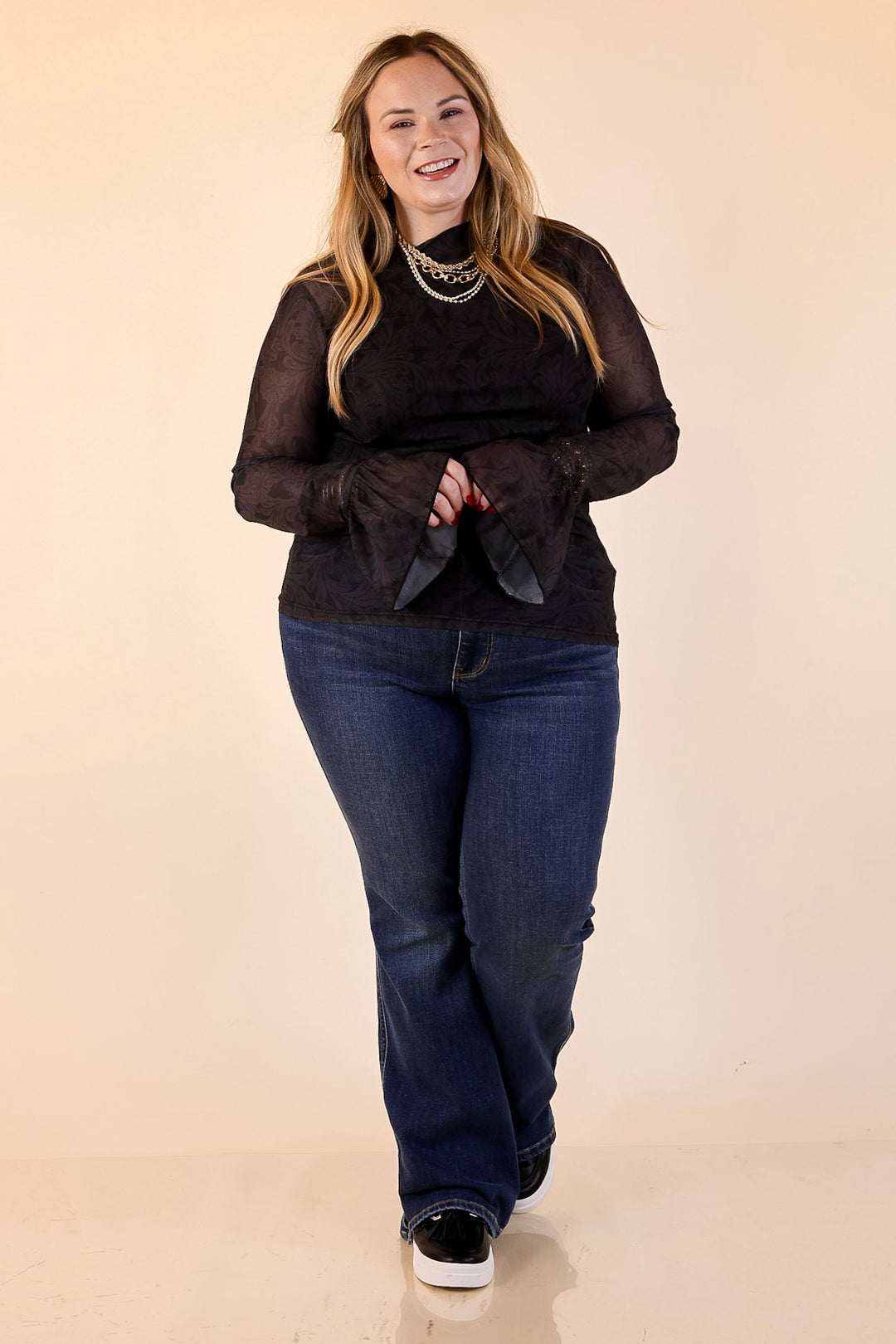 Sheer and Sophisticated Tooled Print Long Sleeve Mesh Top with Ruffle Sleeves in Black