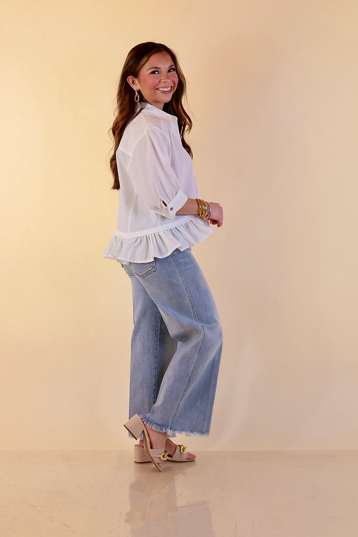 Style Agenda Solid Button Down Peplum Top in White