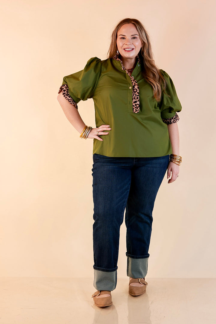 Spotted in Style Puff Sleeve Leopard Contrast Ruffle Trim Top in Olive Green
