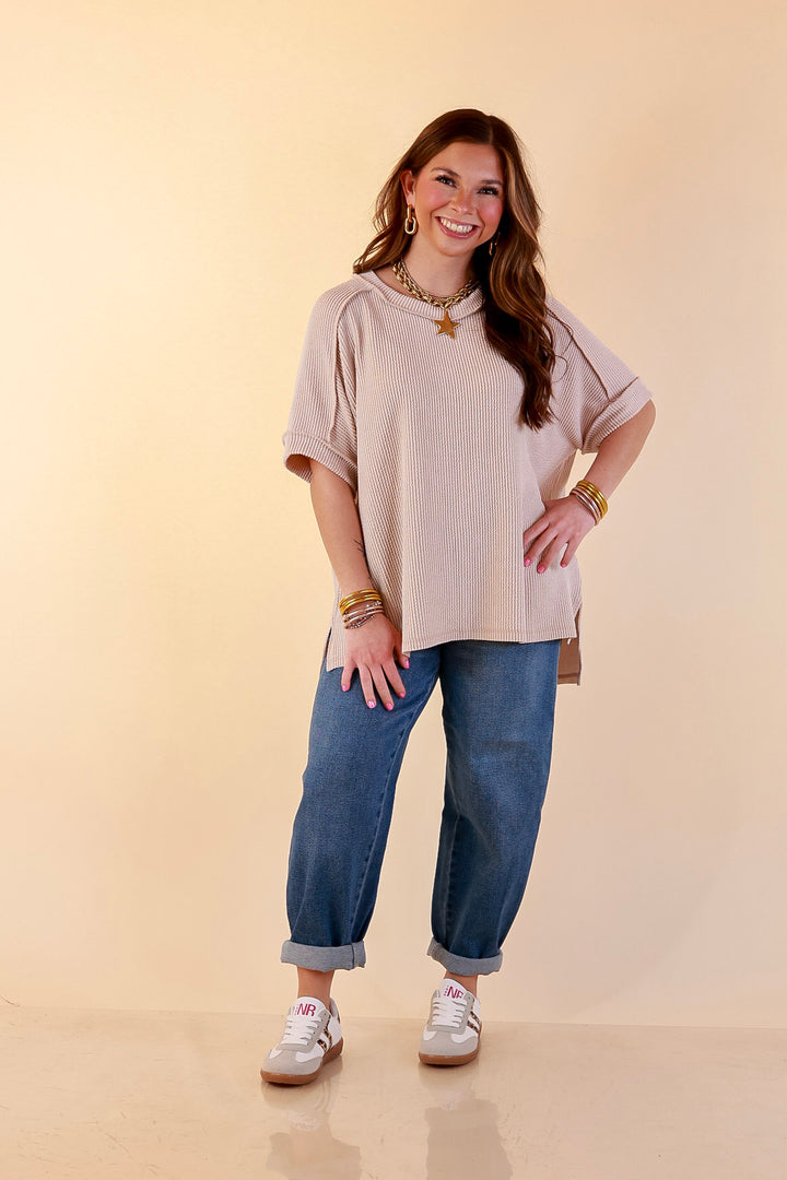 Daily Perfection Scoop Neck Short Sleeve Ribbed Top in Beige