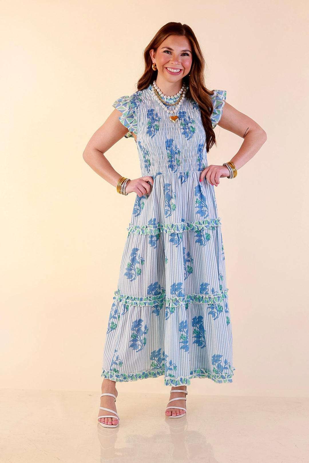 Mud Pie | Graceful Charm Smocked Floral and Stripe Print Tiered Midi Dress with Ruffle Sleeves in Blue
