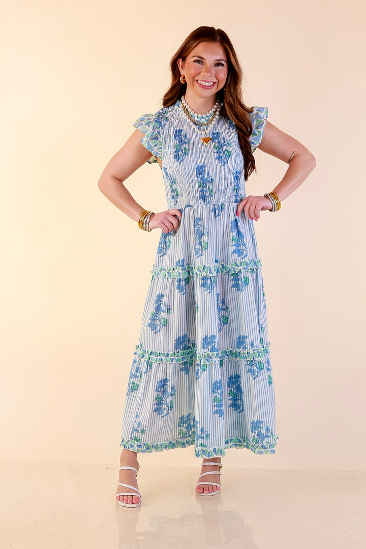 Mud Pie | Graceful Charm Smocked Floral and Stripe Print Tiered Midi Dress with Ruffle Sleeves in Blue