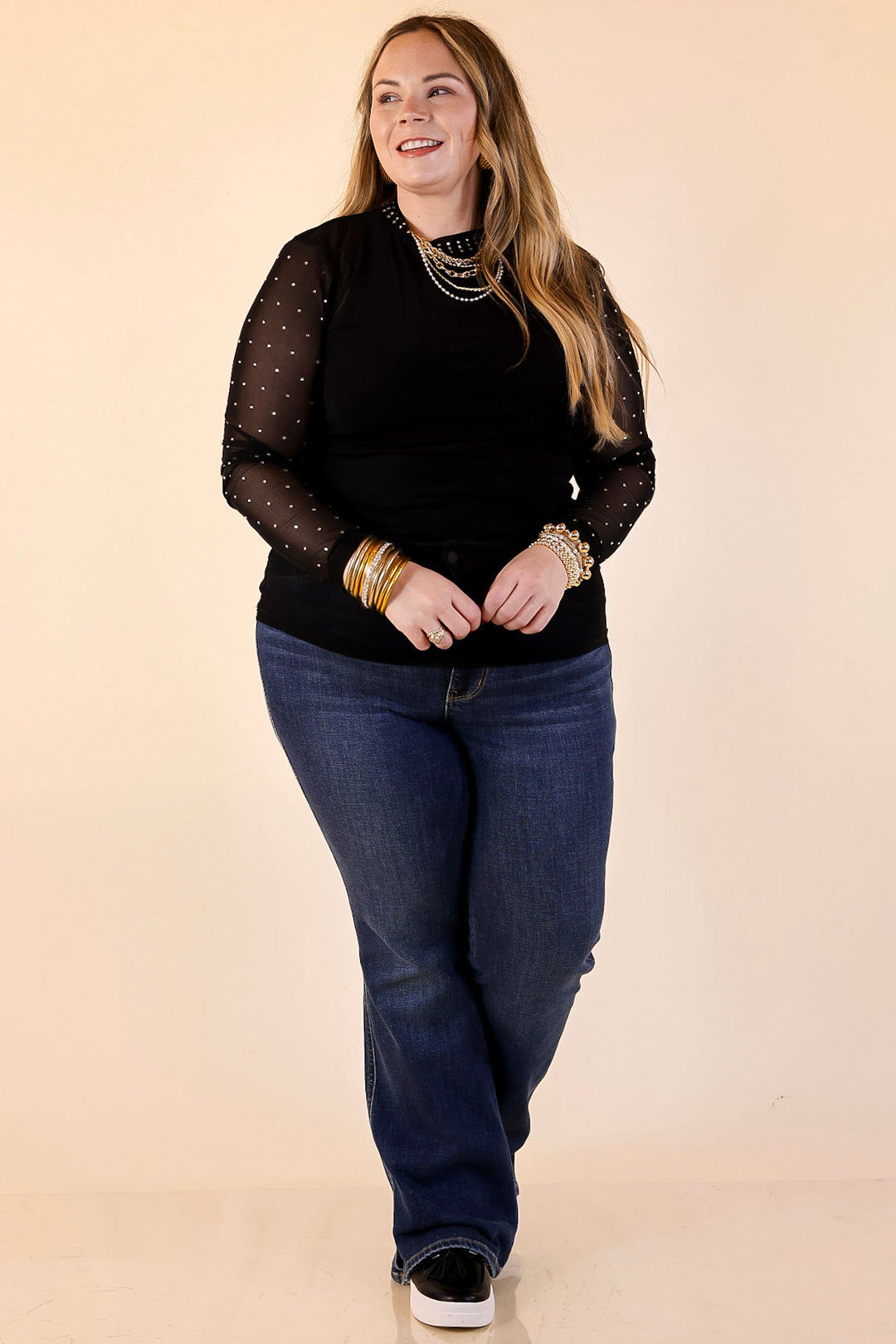 Sheer Confidence Solid Mesh Long Sleeve Top with Rhinestone Detailing in Black